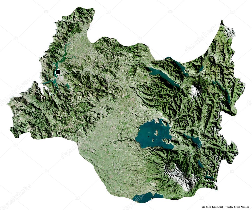 Shape of Los Rios, region of Chile, with its capital isolated on white background. Satellite imagery. 3D rendering