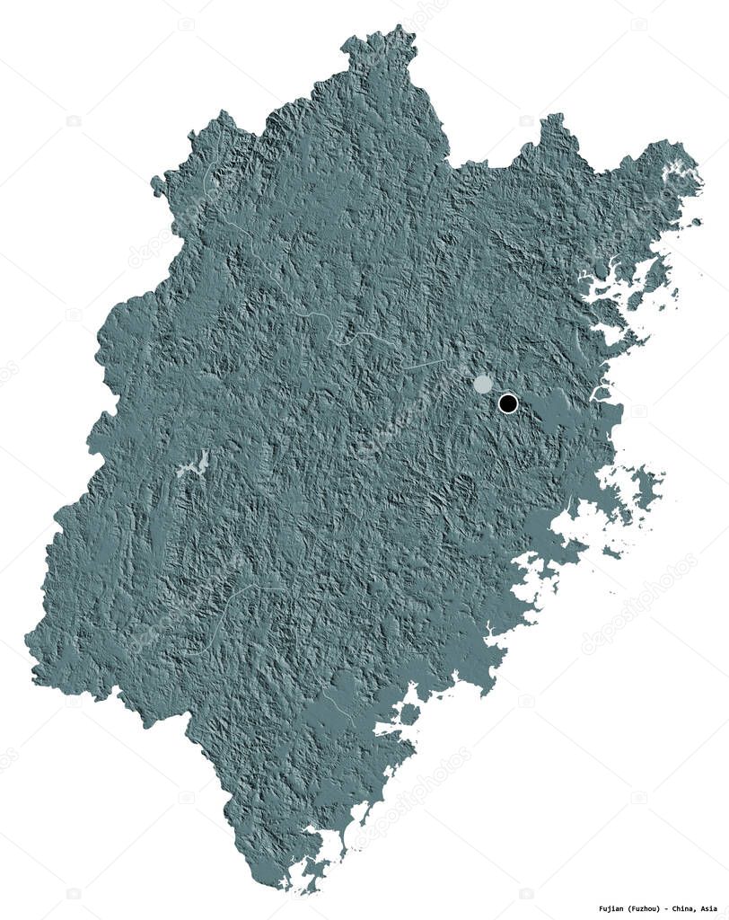 Shape of Fujian, province of China, with its capital isolated on white background. Colored elevation map. 3D rendering