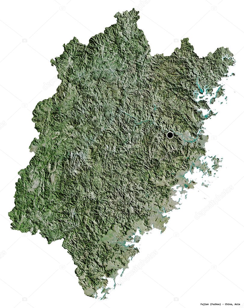 Shape of Fujian, province of China, with its capital isolated on white background. Satellite imagery. 3D rendering
