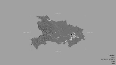 Hubei bölgesi, Çin eyaleti, jeoreferatlı bir sınır kutusunda sağlam bir arka planda izole edilmiş. Etiketler. Çift seviyeli yükseklik haritası. 3B görüntüleme