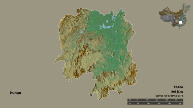 Çin 'in Hunan eyaleti, başkenti sağlam bir zemin üzerinde izole edilmiştir. Uzaklık ölçeği, bölge önizlemesi ve etiketleri. Topografik yardım haritası. 3B görüntüleme
