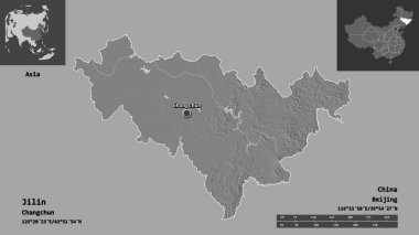 Jilin 'in şekli, Çin vilayeti ve başkenti. Uzaklık ölçeği, ön gösterimler ve etiketler. Çift seviyeli yükseklik haritası. 3B görüntüleme