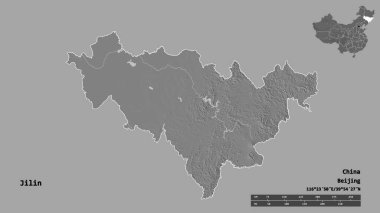 Çin 'in başkenti Jilin' in katı arka planda izole edilmiş hali. Uzaklık ölçeği, bölge önizlemesi ve etiketleri. Çift seviyeli yükseklik haritası. 3B görüntüleme