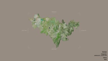 Jilin bölgesi, Çin vilayeti, jeoreferatlı bir sınır kutusunda sağlam bir arka planda izole edilmiş. Etiketler. Uydu görüntüleri. 3B görüntüleme