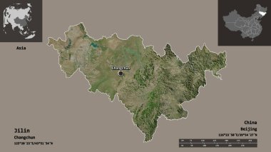 Jilin 'in şekli, Çin vilayeti ve başkenti. Uzaklık ölçeği, ön gösterimler ve etiketler. Uydu görüntüleri. 3B görüntüleme