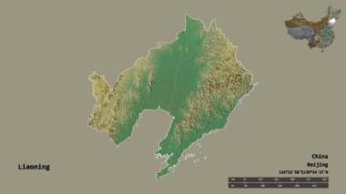Çin 'in başkenti Liaoning' in katı arka planda izole edilmiş hali. Uzaklık ölçeği, bölge önizlemesi ve etiketleri. Topografik yardım haritası. 3B görüntüleme