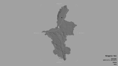 Ningxia Hui bölgesi, Çin 'in özerk bölgesi, jeoreferatlı bir sınır kutusunda katı bir arka planda izole edilmiş. Etiketler. Çift seviyeli yükseklik haritası. 3B görüntüleme