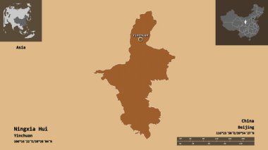 Ningxia Hui 'nin şekli, Çin' in özerk bölgesi ve başkenti. Uzaklık ölçeği, ön gösterimler ve etiketler. Desenli dokuların bileşimi. 3B görüntüleme