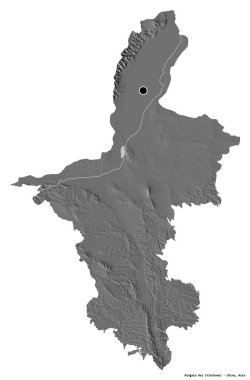 Ningxia Hui 'nin şekli, Çin' in özerk bölgesi, başkenti beyaz arka planda izole edilmiş. Çift seviyeli yükseklik haritası. 3B görüntüleme