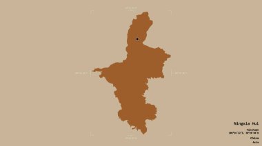 Ningxia Hui bölgesi, Çin 'in özerk bölgesi, jeoreferatlı bir sınır kutusunda katı bir arka planda izole edilmiş. Etiketler. Desenli dokuların bileşimi. 3B görüntüleme