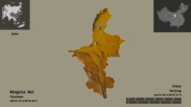 Ningxia Hui 'nin şekli, Çin' in özerk bölgesi ve başkenti. Uzaklık ölçeği, ön gösterimler ve etiketler. Topografik yardım haritası. 3B görüntüleme