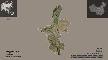 Ningxia Hui 'nin şekli, Çin' in özerk bölgesi ve başkenti. Uzaklık ölçeği, ön gösterimler ve etiketler. Uydu görüntüleri. 3B görüntüleme