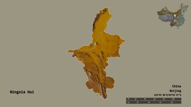 Ningxia Hui 'nin şekli, Çin' in özerk bölgesi, sermayesi katı arka planda izole edilmiş. Uzaklık ölçeği, bölge önizlemesi ve etiketleri. Topografik yardım haritası. 3B görüntüleme