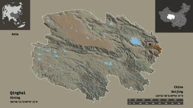Qinghai 'nin şekli, Çin vilayeti ve başkenti. Uzaklık ölçeği, ön gösterimler ve etiketler. Topografik yardım haritası. 3B görüntüleme