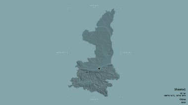 Shaanxi bölgesi, Çin eyaleti, jeoreferated sınır kutusunda sağlam bir arka planda izole edilmiş. Etiketler. Renkli yükseklik haritası. 3B görüntüleme