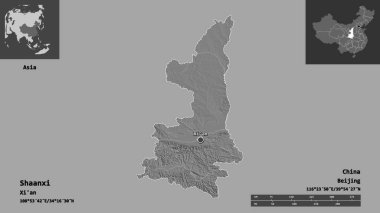 Shaanxi 'nin şekli, Çin vilayeti ve başkenti. Uzaklık ölçeği, ön gösterimler ve etiketler. Çift seviyeli yükseklik haritası. 3B görüntüleme