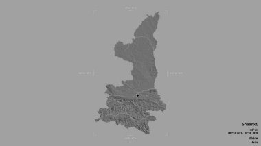 Shaanxi bölgesi, Çin eyaleti, jeoreferated sınır kutusunda sağlam bir arka planda izole edilmiş. Etiketler. Çift seviyeli yükseklik haritası. 3B görüntüleme