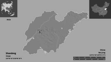 Shandong 'un şekli, Çin vilayeti ve başkenti. Uzaklık ölçeği, ön gösterimler ve etiketler. Çift seviyeli yükseklik haritası. 3B görüntüleme