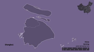 Şangay 'ın şekli, Çin belediyesi, sermayesi sağlam arka planda izole edilmiş. Uzaklık ölçeği, bölge önizlemesi ve etiketleri. Renkli yükseklik haritası. 3B görüntüleme