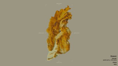 Shanxi bölgesi, Çin vilayeti, jeoreferatlı bir sınır kutusunda sağlam bir arka planda izole edilmiş. Etiketler. Topografik yardım haritası. 3B görüntüleme