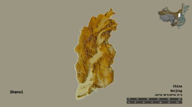 Çin 'in Shanxi Eyaleti' nin başkenti, sağlam bir zemin üzerinde izole edilmiştir. Uzaklık ölçeği, bölge önizlemesi ve etiketleri. Topografik yardım haritası. 3B görüntüleme