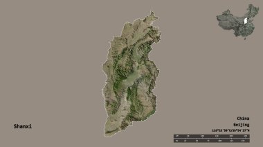 Çin 'in Shanxi Eyaleti' nin başkenti, sağlam bir zemin üzerinde izole edilmiştir. Uzaklık ölçeği, bölge önizlemesi ve etiketleri. Uydu görüntüleri. 3B görüntüleme