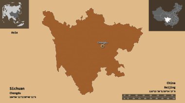 Sichuan 'ın şekli, Çin vilayeti ve başkenti. Uzaklık ölçeği, ön gösterimler ve etiketler. Desenli dokuların bileşimi. 3B görüntüleme