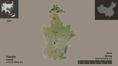 Tianjin 'in şekli, Çin Belediyesi ve başkenti. Uzaklık ölçeği, ön gösterimler ve etiketler. Uydu görüntüleri. 3B görüntüleme