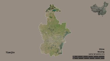 Tianjin 'in şekli, Çin Belediyesi, sermayesi sağlam arka planda izole edilmiş. Uzaklık ölçeği, bölge önizlemesi ve etiketleri. Uydu görüntüleri. 3B görüntüleme