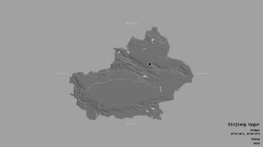 Çin 'in otonom bölgesi olan Xinjiang Uygur' un bölgesi jeoreferatlı bir sınır kutusunda katı bir arka planda izole edilmiştir. Etiketler. Çift seviyeli yükseklik haritası. 3B görüntüleme