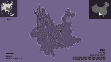 Yunnan 'ın şekli, Çin vilayeti ve başkenti. Uzaklık ölçeği, ön gösterimler ve etiketler. Renkli yükseklik haritası. 3B görüntüleme