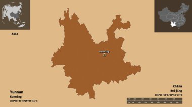 Yunnan 'ın şekli, Çin vilayeti ve başkenti. Uzaklık ölçeği, ön gösterimler ve etiketler. Desenli dokuların bileşimi. 3B görüntüleme