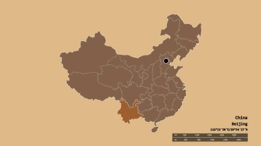 Başkenti, ana bölgesel bölümü ve ayrılmış Yunnan bölgesi ile Çin 'in dejenere edilmiş şekli. Etiketler. Desenli dokuların bileşimi. 3B görüntüleme