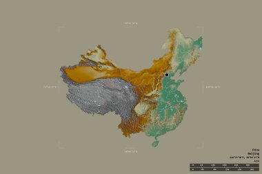 Çin 'in katı bir arka planda izole edilmiş coğrafi bir sınır kutusu var. Ana bölgesel bölüm, mesafe ölçeği, etiketler. Topografik yardım haritası. 3B görüntüleme