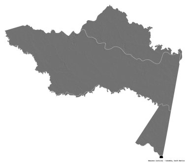 Kolombiya komiseri Amazonas 'ın şekli, başkenti beyaz arka planda izole edilmiş. Çift seviyeli yükseklik haritası. 3B görüntüleme