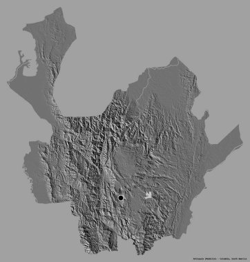 Antioquia 'nın şekli, Kolombiya departmanı, başkenti koyu renk arka planda izole edilmiş. Çift seviyeli yükseklik haritası. 3B görüntüleme