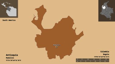 Antioquia 'nın şekli, Kolombiya Bölümü ve başkenti. Uzaklık ölçeği, ön gösterimler ve etiketler. Desenli dokuların bileşimi. 3B görüntüleme