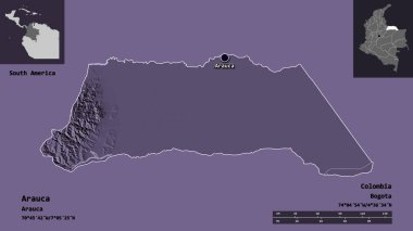 Arauca 'nın şekli, Kolombiya' nın azmi ve başkenti. Uzaklık ölçeği, ön gösterimler ve etiketler. Renkli yükseklik haritası. 3B görüntüleme