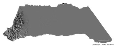 Arauca 'nın şekli, Kolombiya' nın yoğunluğu, başkenti beyaz arka planda izole edilmiş. Çift seviyeli yükseklik haritası. 3B görüntüleme