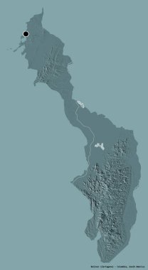 Kolombiya departmanı Bolivar 'ın şekli. Başkenti koyu renk arka planda izole edilmiş. Renkli yükseklik haritası. 3B görüntüleme