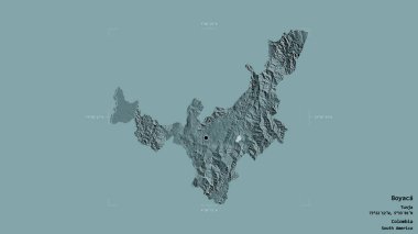 Boyaca Bölgesi, Kolombiya Bölgesi, sağlam bir arka planda izole edilmiş bir sınır kutusunda. Etiketler. Renkli yükseklik haritası. 3B görüntüleme