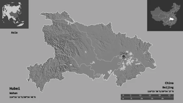 湖北省的形状 中国的省会 距离刻度 预览和标签 Bilevel高程图 3D渲染 — 图库照片