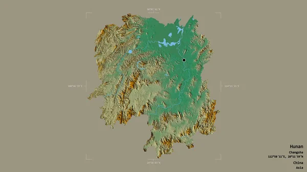 中国の湖南省の地域は 洗練された境界ボックス内の強固な背景に隔離されました ラベル 地形図 3Dレンダリング — ストック写真