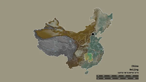 中国的经济形势严峻 主要地域区划与湖南分离 地形浮雕图 3D渲染 — 图库照片