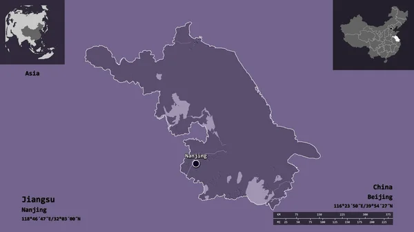 江苏省的形状 中国的省会 距离刻度 预览和标签 彩色高程图 3D渲染 — 图库照片