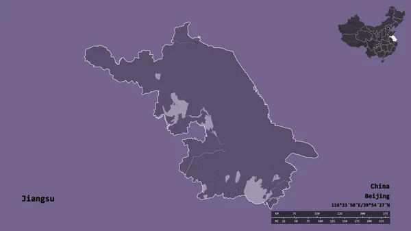 江苏省的形状 其首都在坚实的背景下与世隔绝 距离尺度 区域预览和标签 彩色高程图 3D渲染 — 图库照片