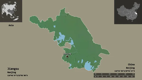 江蘇省 中国の省 およびその首都の形状 距離スケール プレビューおよびラベル 地形図 3Dレンダリング — ストック写真