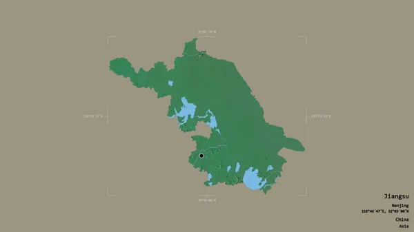 江苏省的一个地区 在一个地理参考方块中 背景坚实 与世隔绝 地形浮雕图 3D渲染 — 图库照片