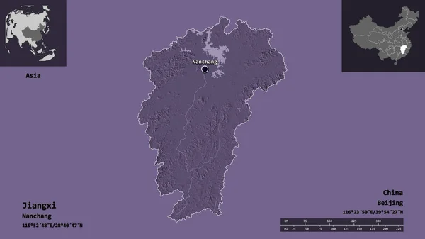 江西省 中国の州とその首都の形状 距離スケール プレビューおよびラベル 色の標高マップ 3Dレンダリング — ストック写真