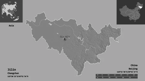 Shape of Jilin, province of China, and its capital. Distance scale, previews and labels. Bilevel elevation map. 3D rendering